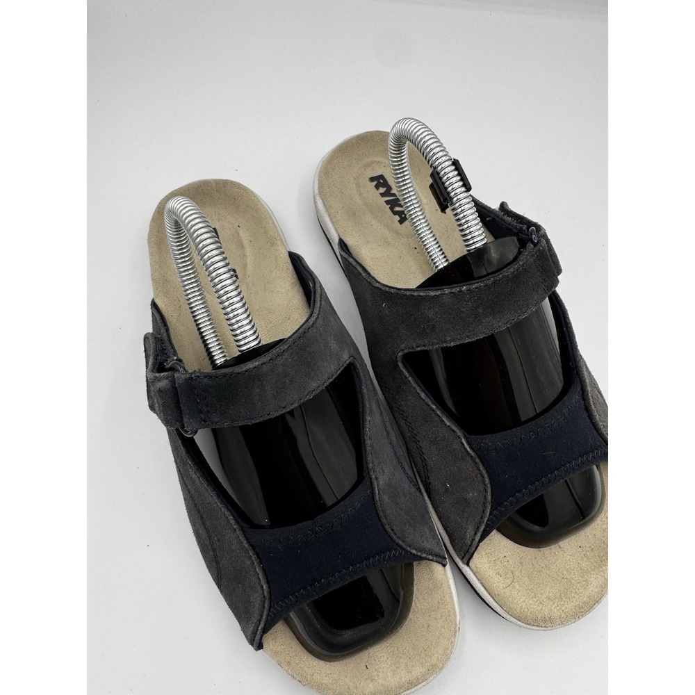 Ryka Slide Sandals Womens Size 8 Black Suede Adjustable Double Strap EUC SB14